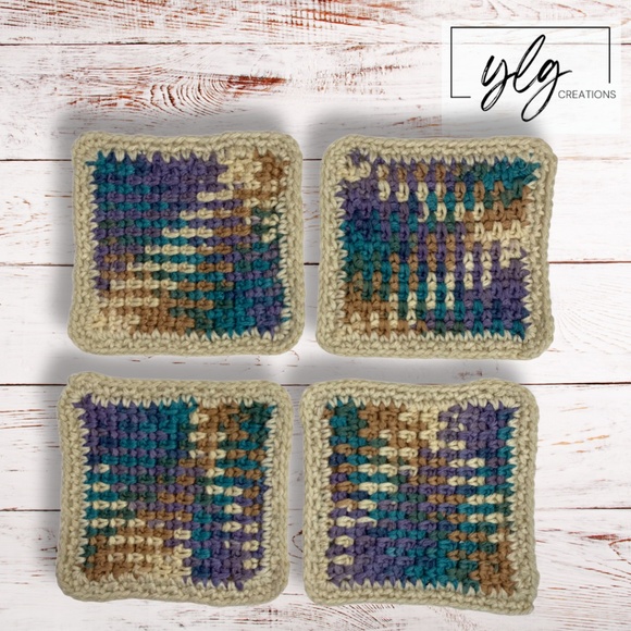 Mug Rugs Coasters Handmade Crochet Square Beige Tan Teal Vinyl Back Set of 4 - Picture 1 of 11